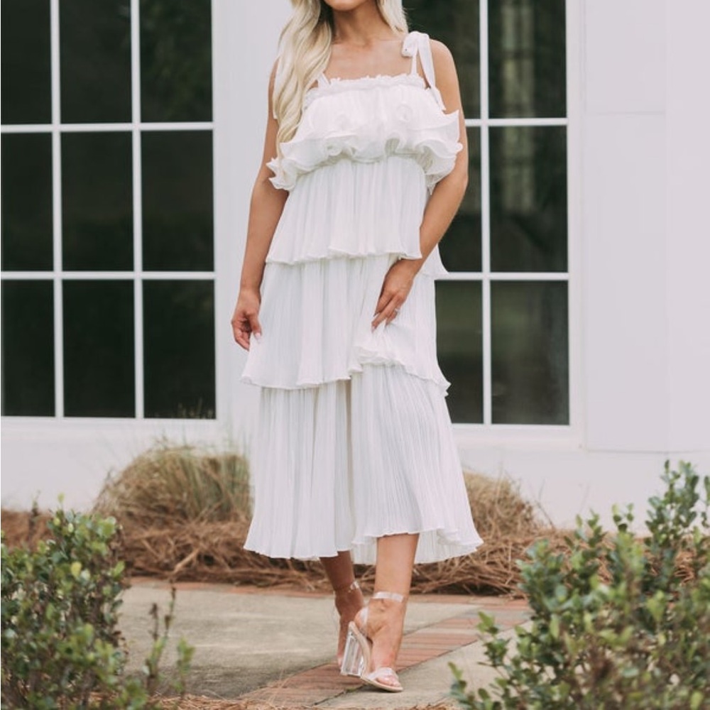 Shoulder Tie Tiered Ruffle Dress in White